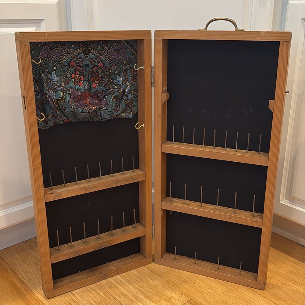 Vintage Portable Wood Folding Sewing Spool Thread Cabinet or Jewelry Organizer